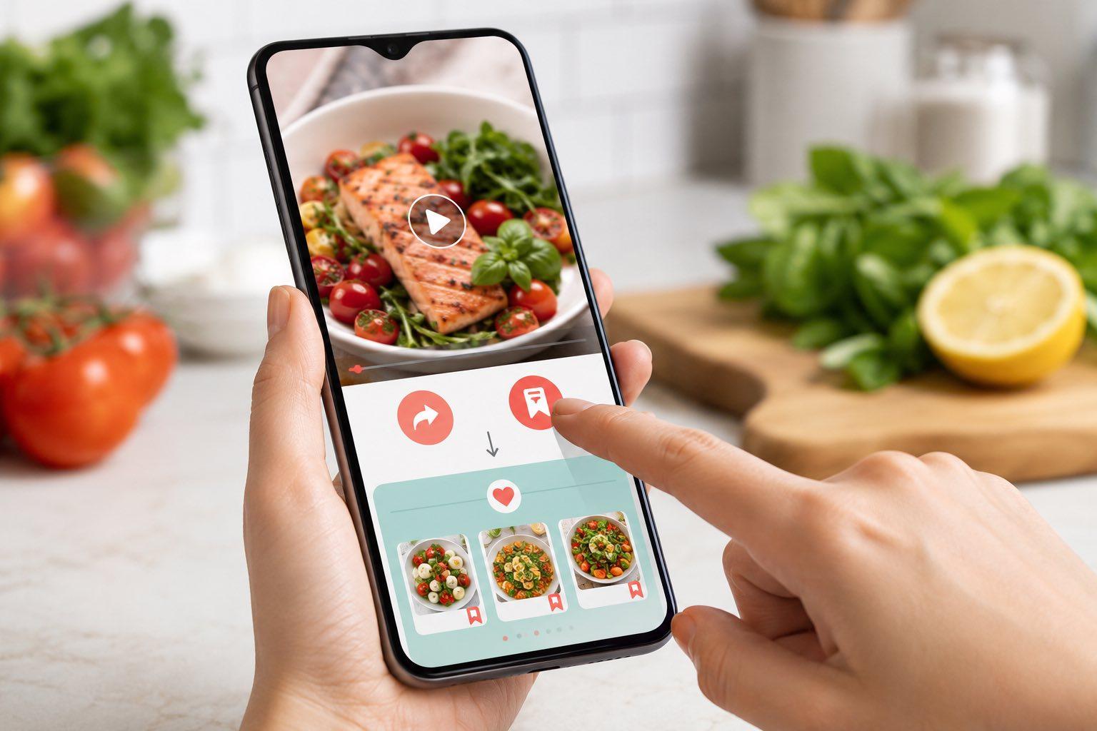 Smartphone showing a recipe video being saved into a recipe app on a kitchen counter