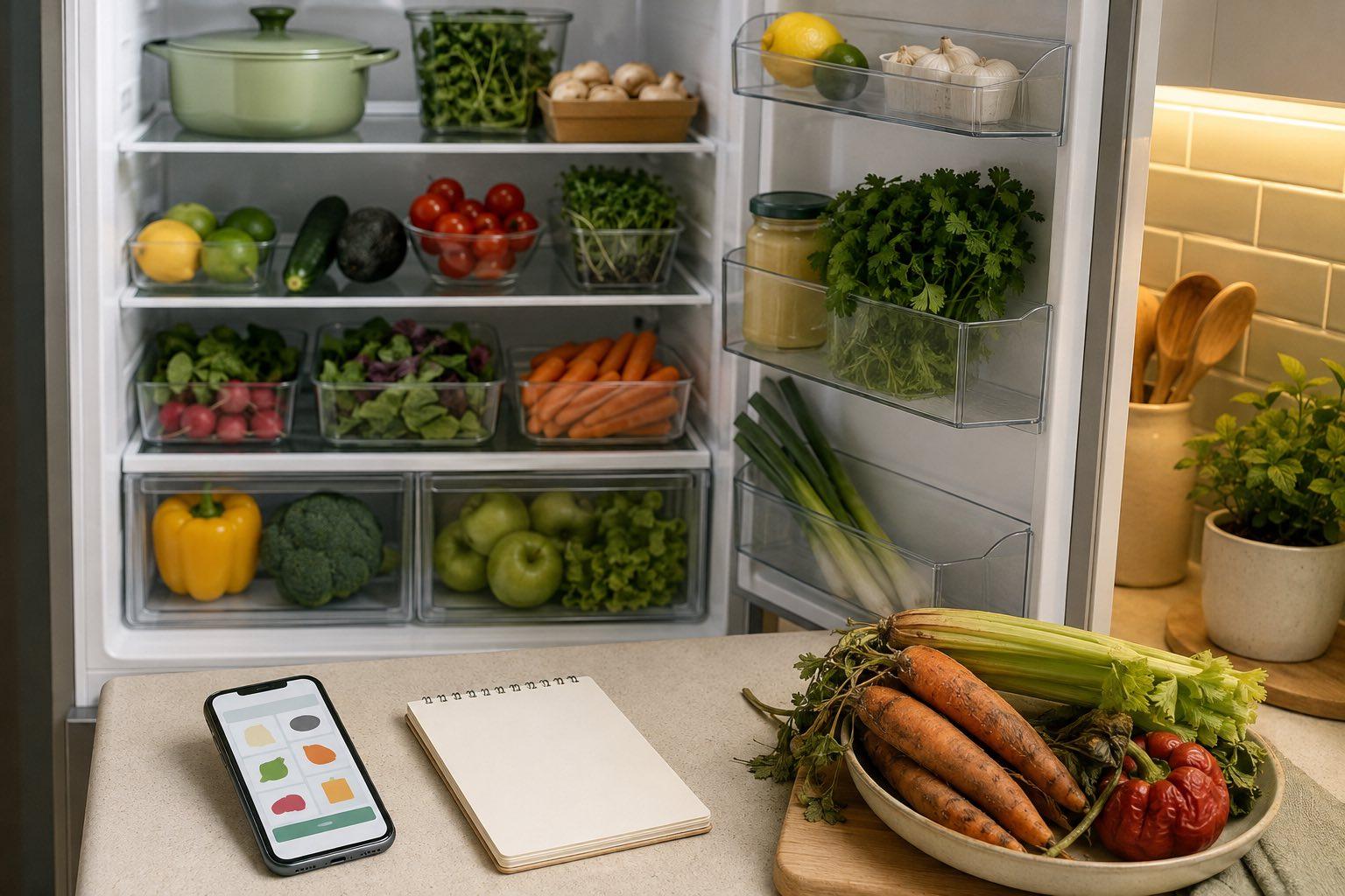 Fridge shelf of half-used ingredients beside a phone showing recipe suggestions made from them