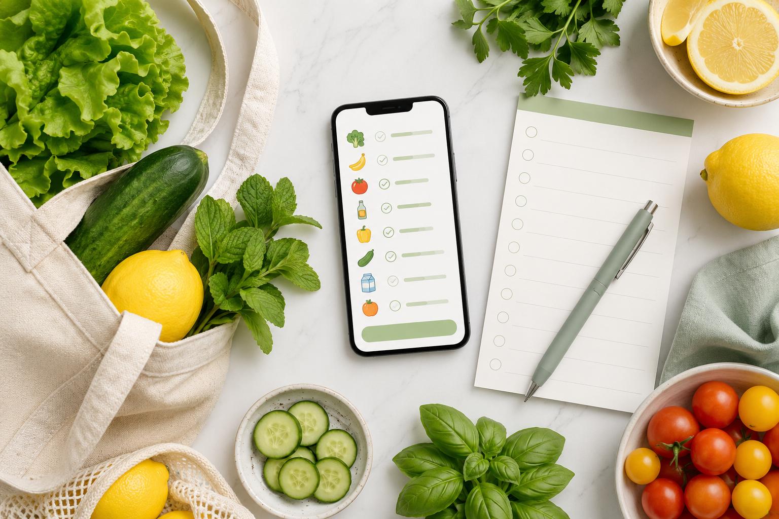 Smartphone displaying a grocery list app surrounded by fresh produce and a shopping tote