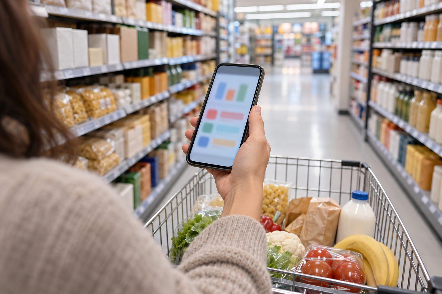 A phone showing a price comparison app held up in a supermarket aisle beside a trolley