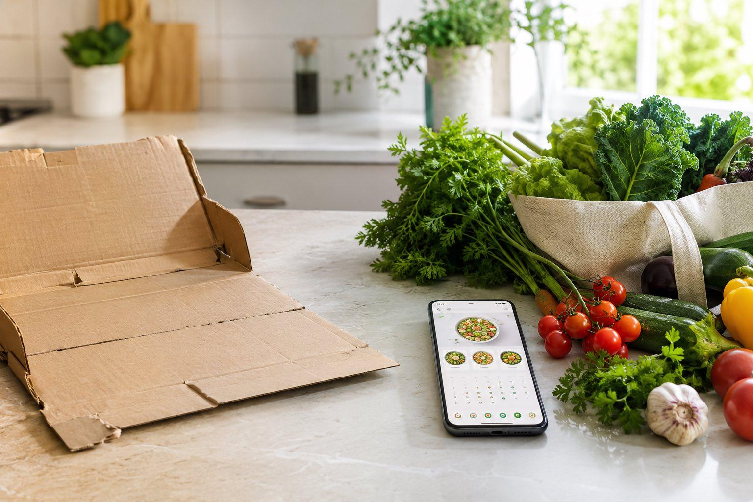 Kitchen counter with a flattened meal kit box pushed aside next to a smartphone meal planning app and fresh produce