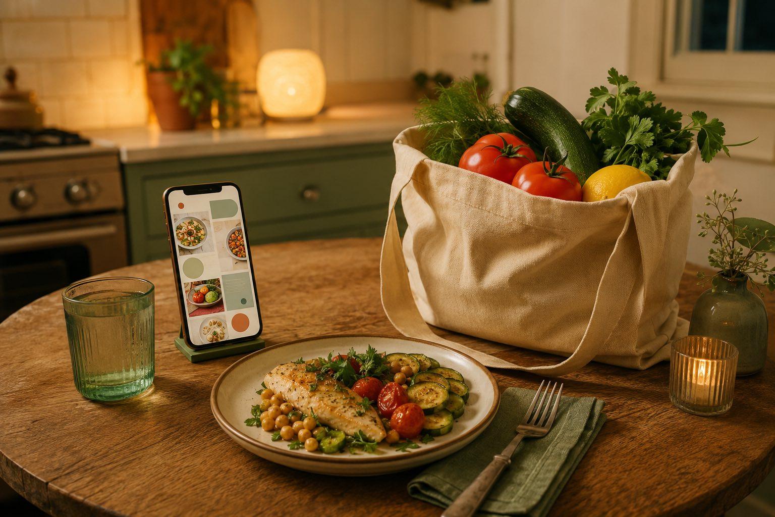 Single place setting on a small kitchen table with a smartphone meal planning app and a small shopping bag