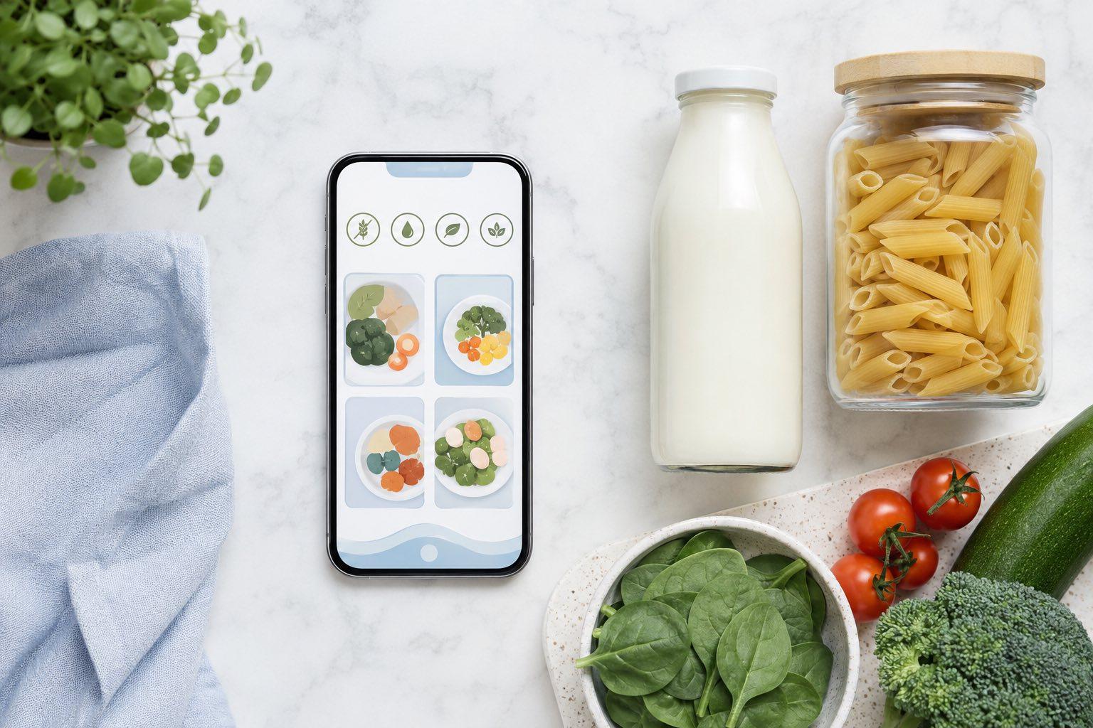 Smartphone displaying a meal planning app with dietary filters next to allergen-free ingredients