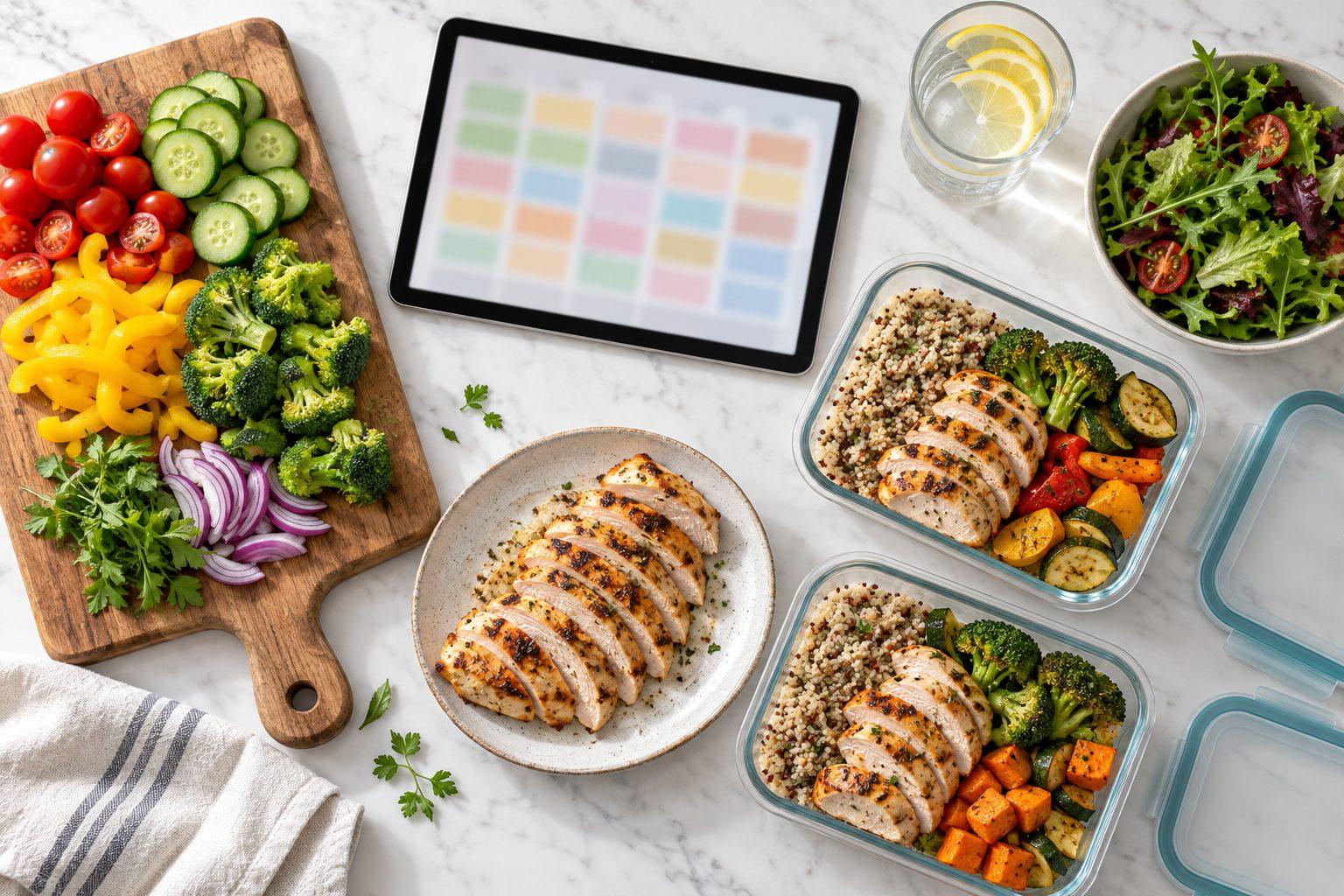 A weekly meal plan on a tablet beside prepped vegetables, grilled chicken and portioned containers