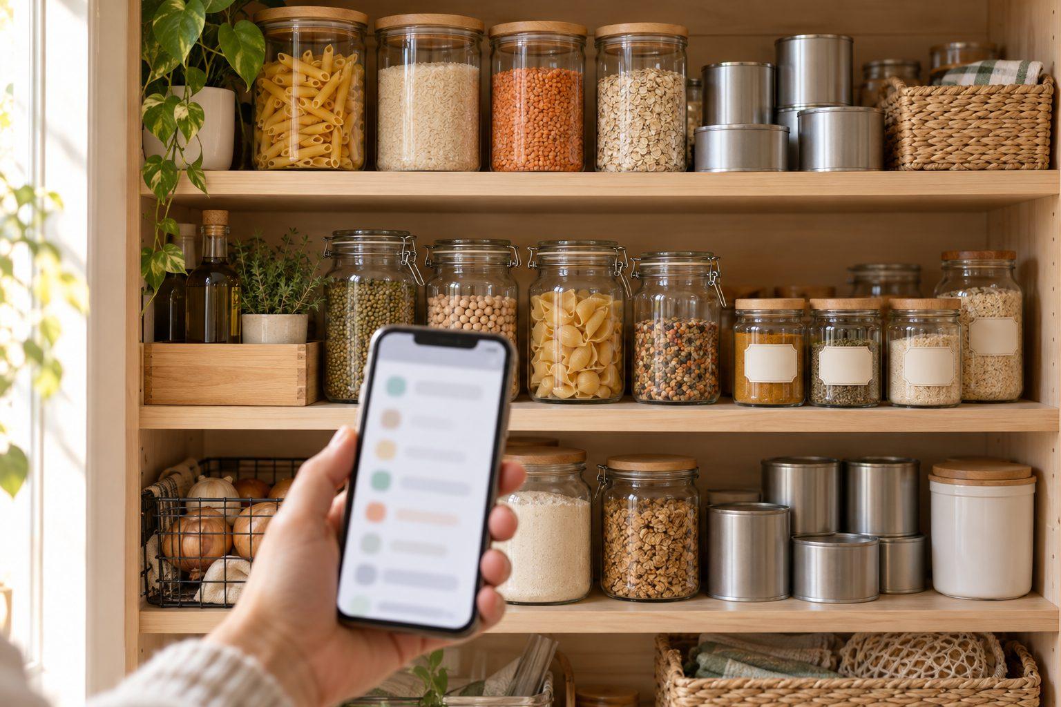An organised pantry shelf of jars and tins with a phone held up in front of it