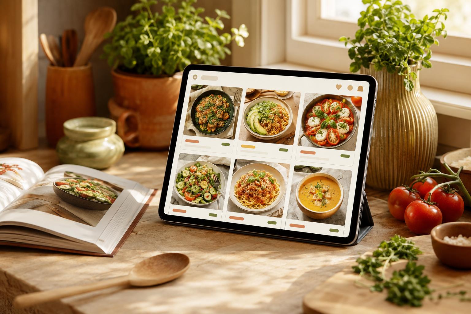 Tablet displaying a recipe organizer app on a kitchen counter surrounded by cookbooks and fresh ingredients