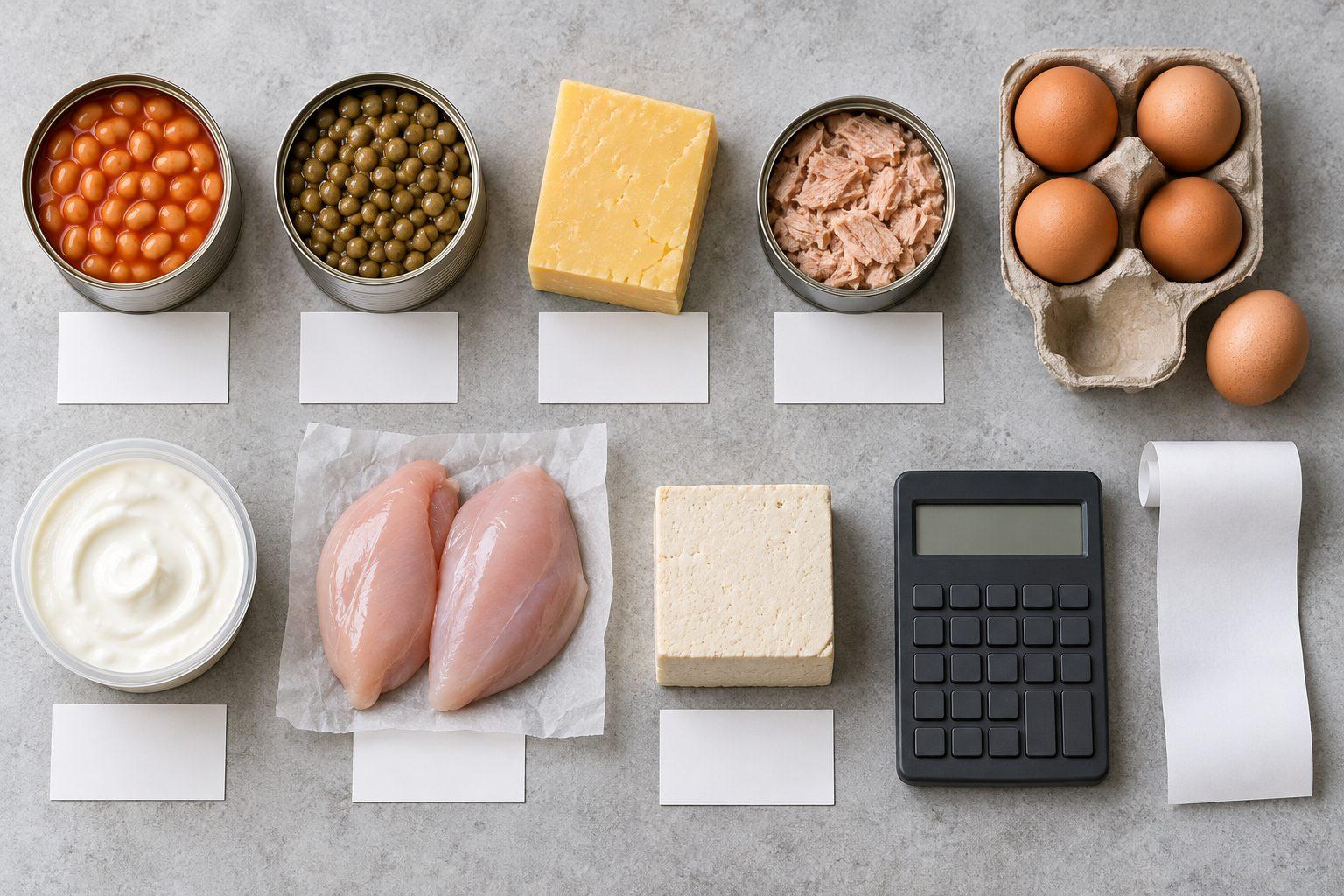 Tins of beans and lentils, eggs, cheddar and chicken arranged with a calculator and receipt
