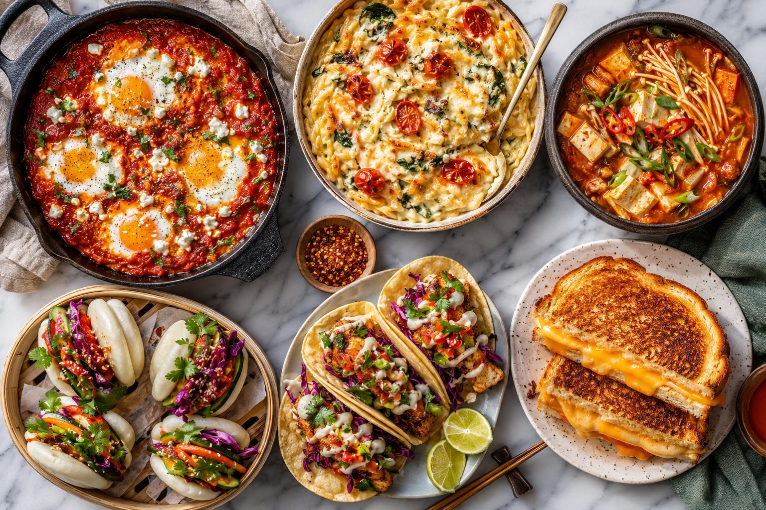 Overhead spread of six viral trending dishes including shakshuka, baked feta orzo, kimchi stew, bao buns, fish tacos and grilled cheese