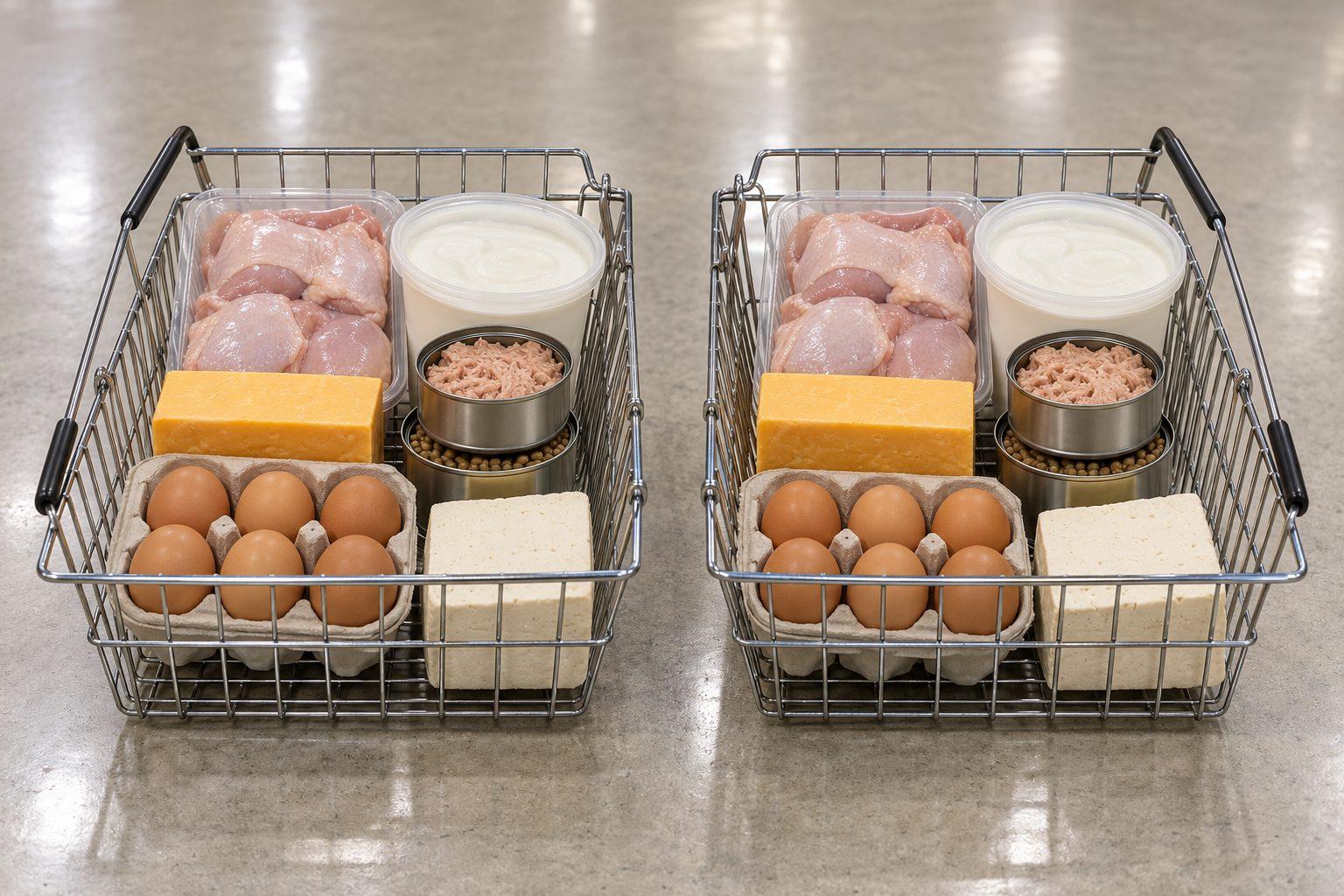 Two shopping baskets of protein staples side by side on a supermarket-style background