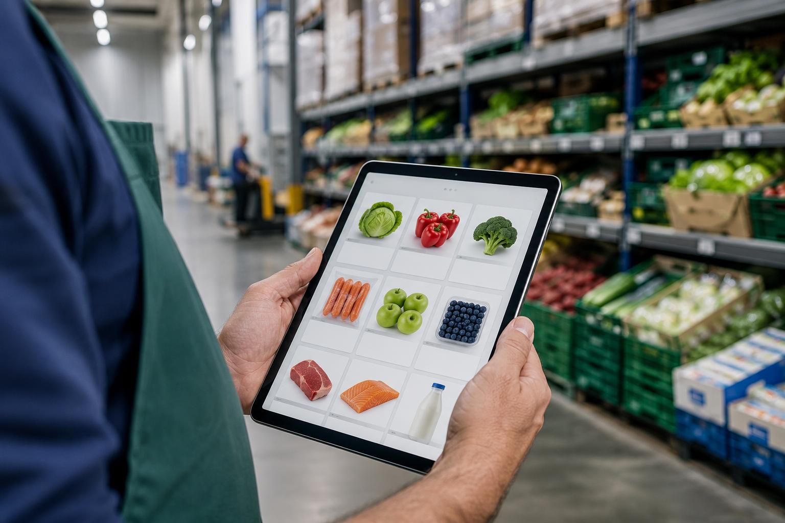 A grocery warehouse worker checking a tablet displaying a digital product catalogue alongside stocked shelves
