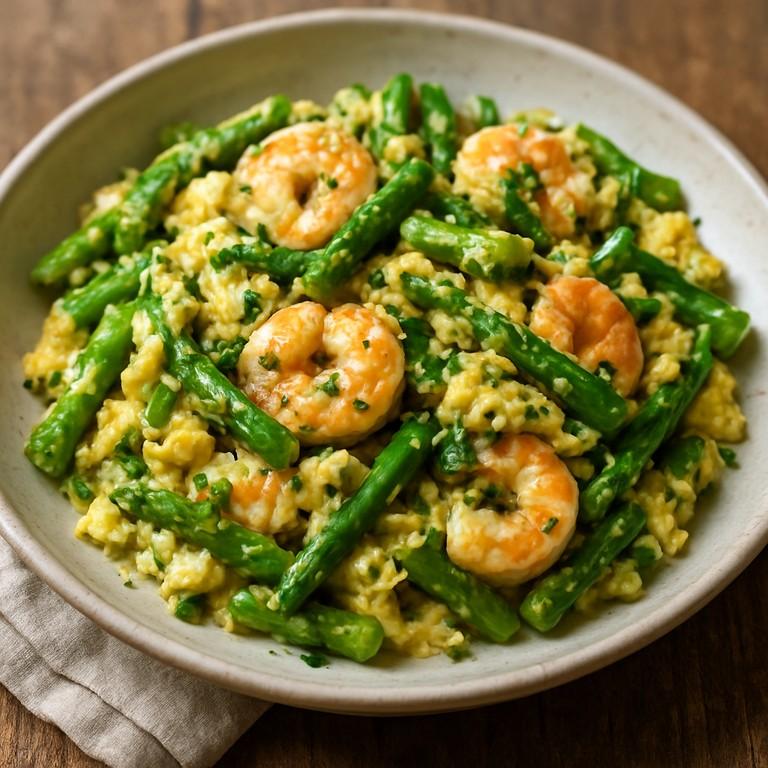 Revuelto de espárragos y gambas