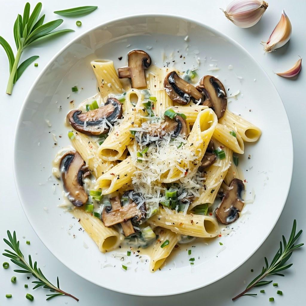 Creamy mushroom and leek pasta topped with Parmesan