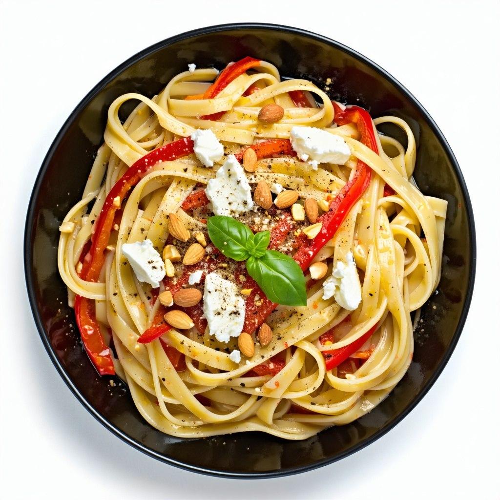 Creamy roasted pepper and ricotta linguine in a bowl.