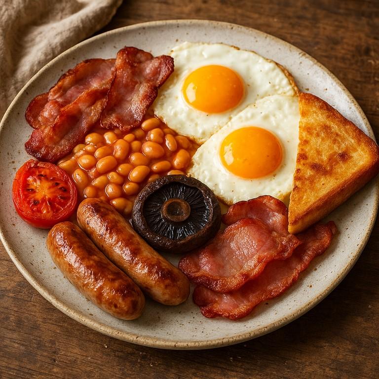 A full English breakfast with bacon, sausages, fried eggs, baked beans, mushrooms and grilled tomato