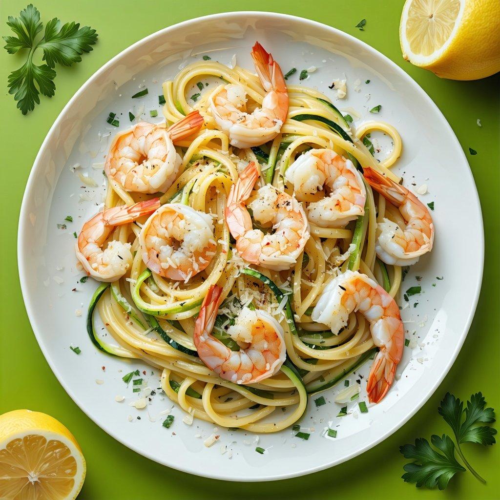 Prawn spaghetti with courgettes in a lemon sauce.