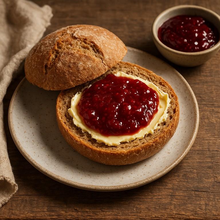 Vollkornbrötchen mit Konfitüre und Butter