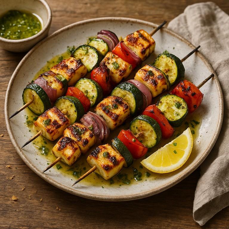 Skewers of halloumi and vegetables with a lemon herb dressing