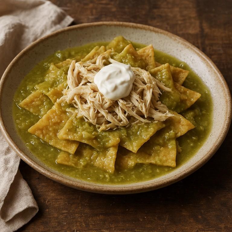 Chilaquiles verdes with crisp tortillas in green salsa, shredded chicken and sour cream