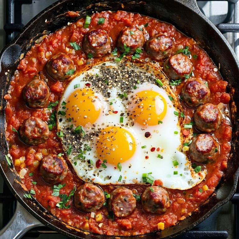 A one-pan skillet of sausage meatballs in spicy tomato sauce with eggs cooked into the top