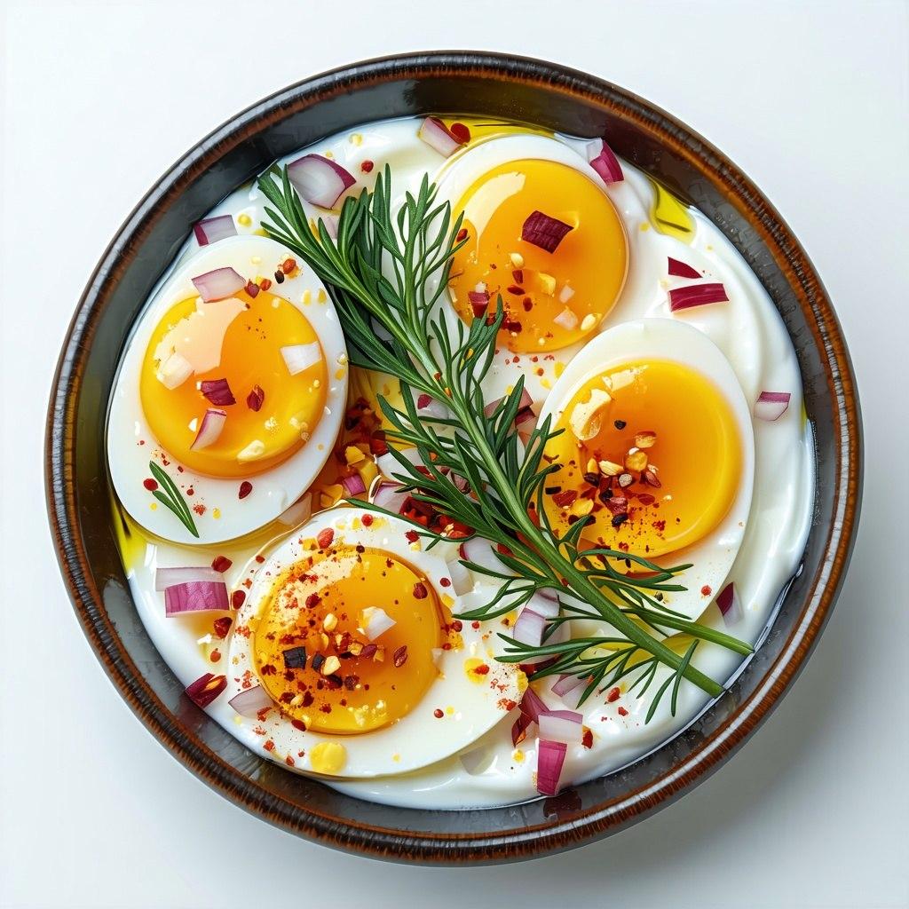 Soft-boiled eggs in thick Greek yogurt topped with chilli oil, honey, crispy onions and dill