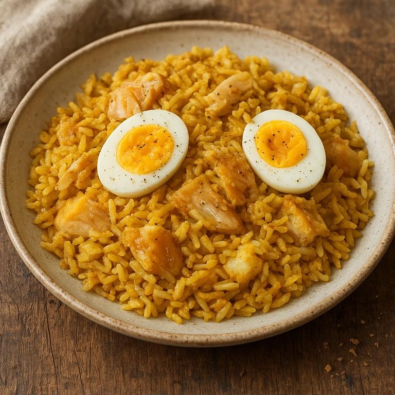 A bowl of kedgeree with flaked smoked haddock, curry-spiced rice and halved boiled eggs
