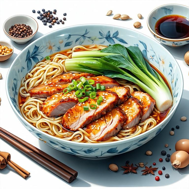 Glazed duck breast sliced over egg noodles with pak choi