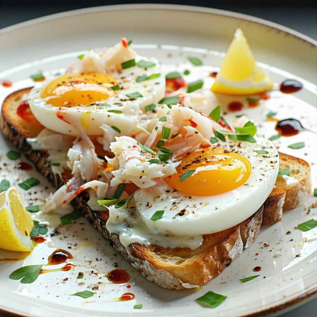 Creamy crab and a soft-boiled egg piled onto thick crispy toast with parsley