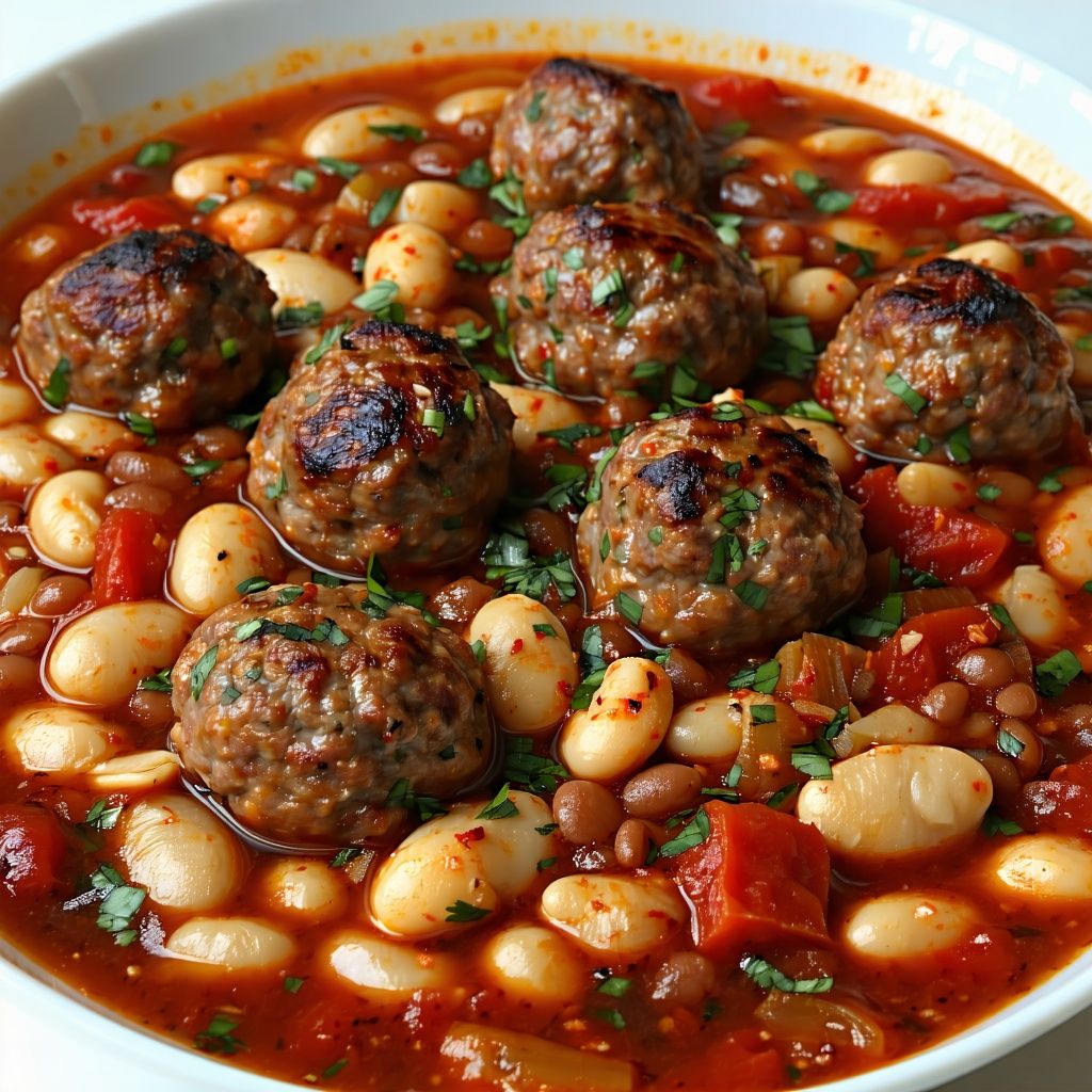 Spicy meatball and bean stew in tomato sauce