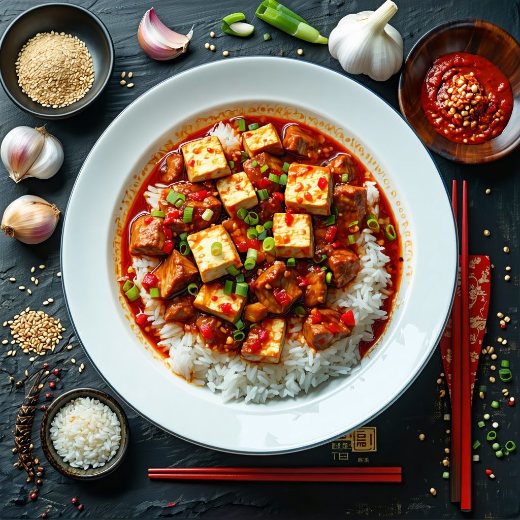 Bowl of spicy Korean kimchi pork stew with tofu and rice