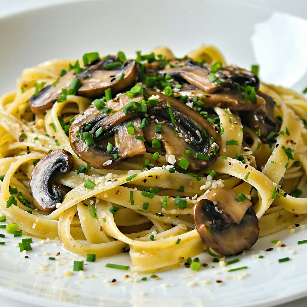 Tagliatelle pasta with mushrooms in a creamy miso sauce