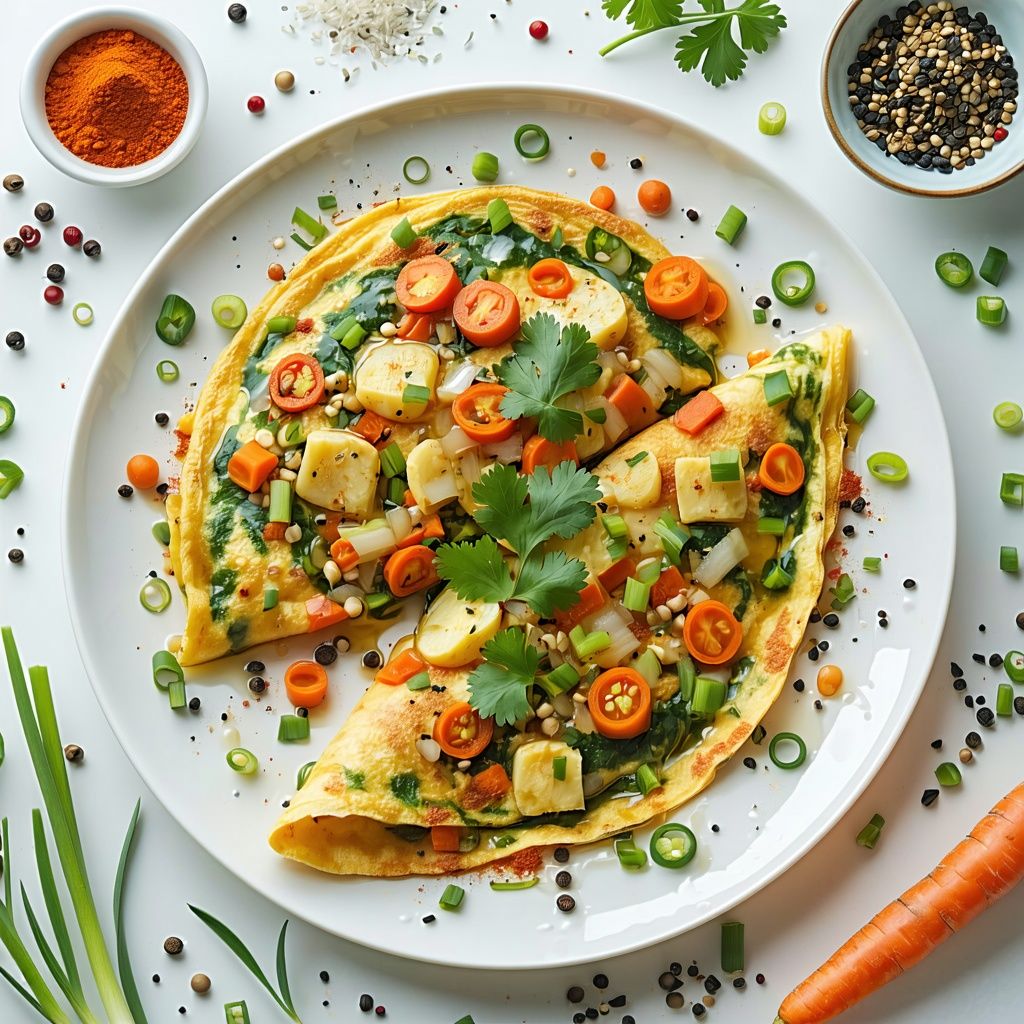 Spiced vegetable masala omelette folded on a plate, garnished with coriander.
