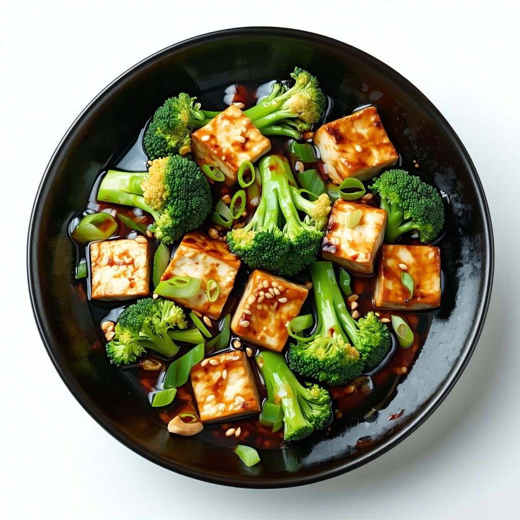 Silky tofu and broccoli stir-fry coated in a soy dressing.