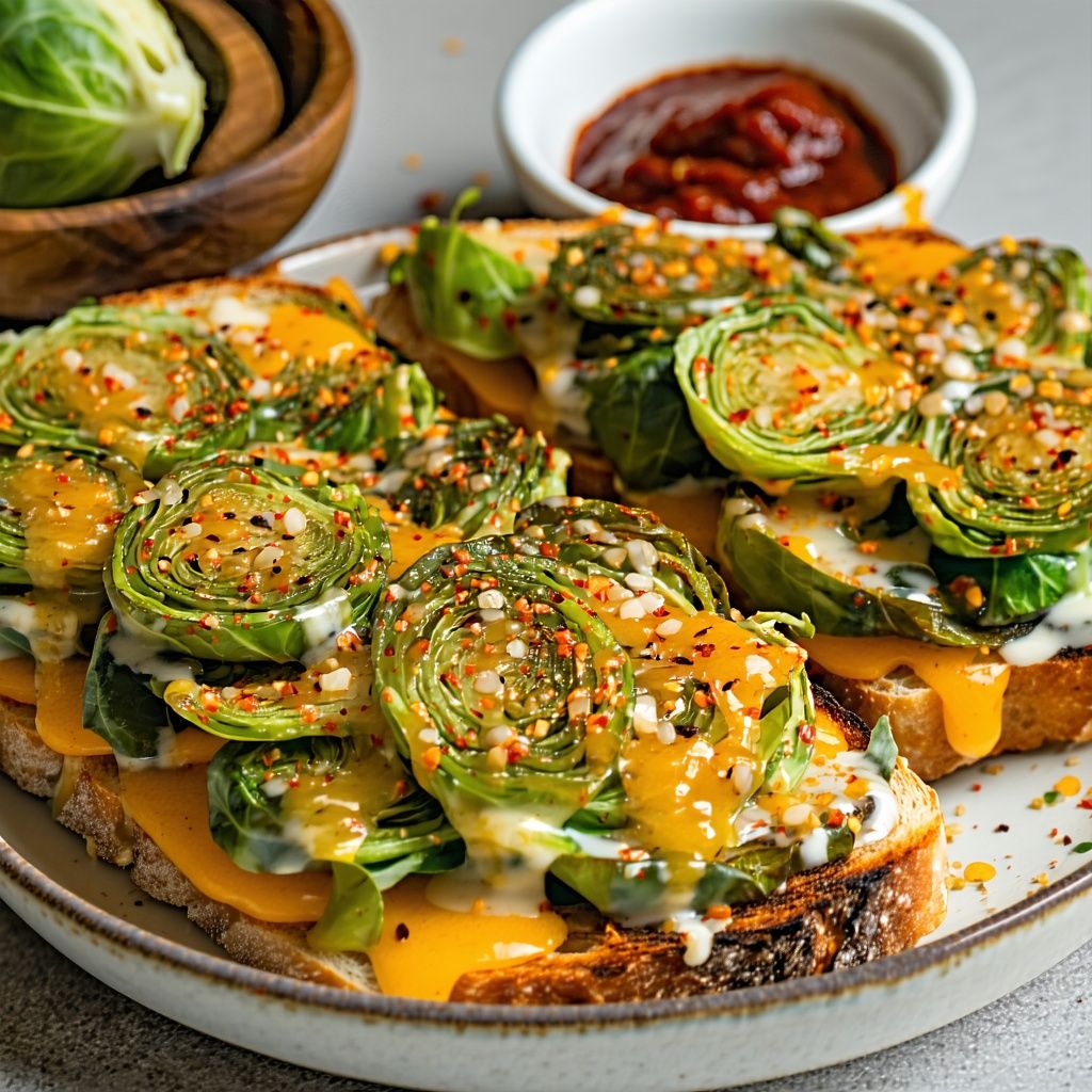 Loaded grilled cheese sandwich with Brussels sprouts cut in half