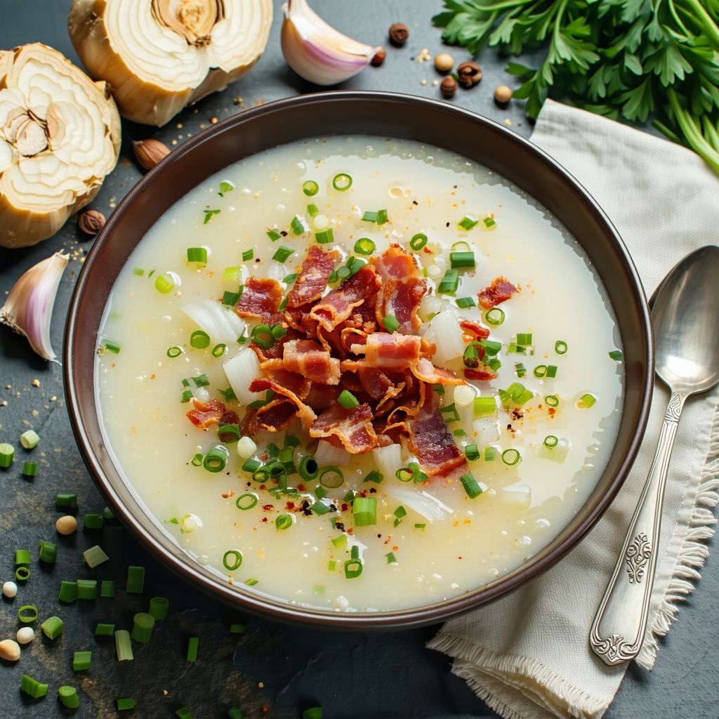 Bowl of creamy celeriac soup topped with crispy pancetta