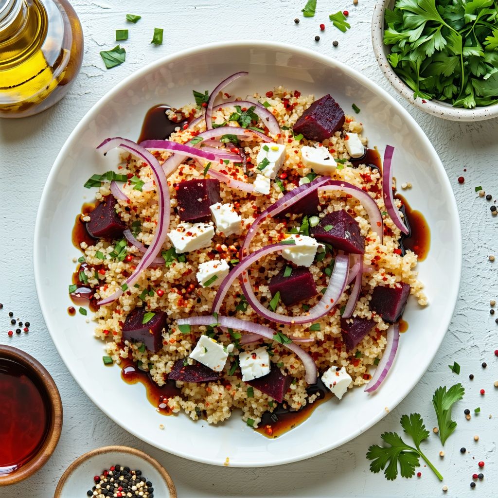 Beetroot, feta and caramelised onion couscous salad in a bowl.