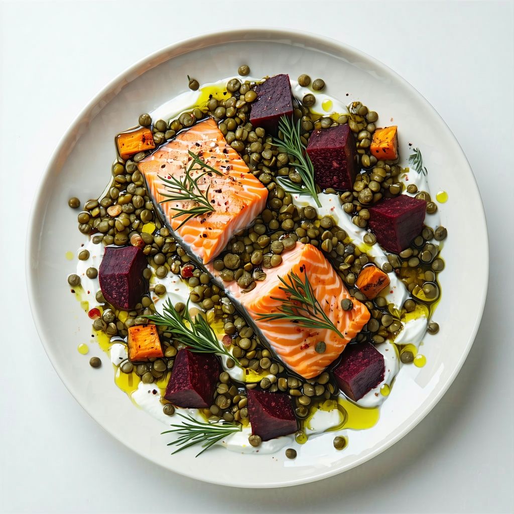 Roasted salmon on a bed of lentils and beetroot with horseradish cream