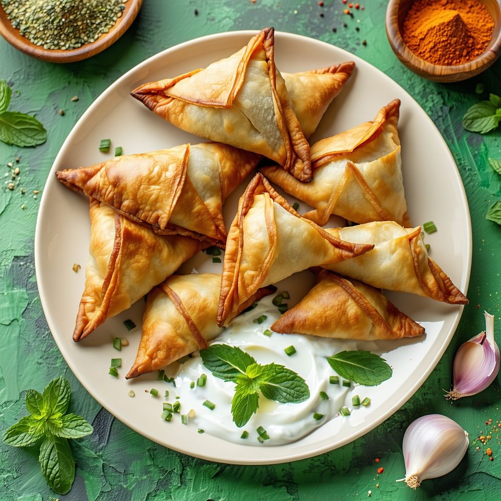 Baked lamb samosas with a mint yogurt dip.