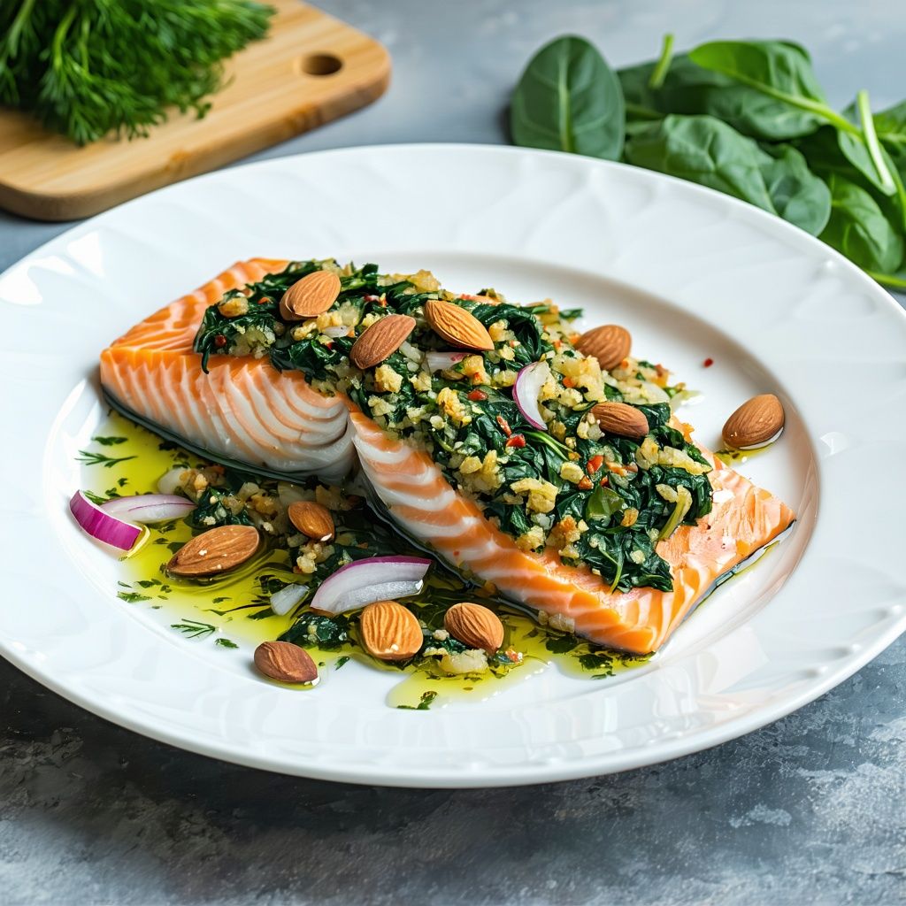 Herb-stuffed salmon fillets baked over caramelised onions