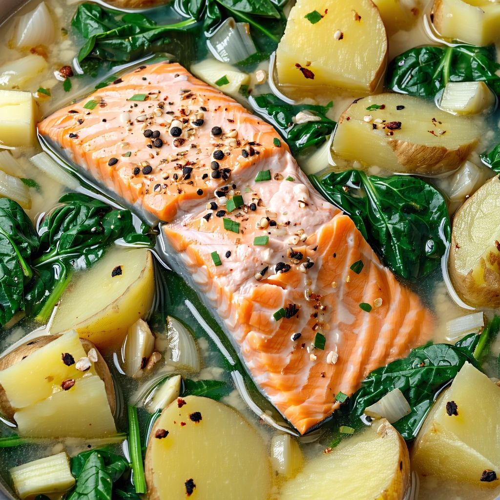 One pan salmon with spinach and crisp potatoes in a creamy sauce