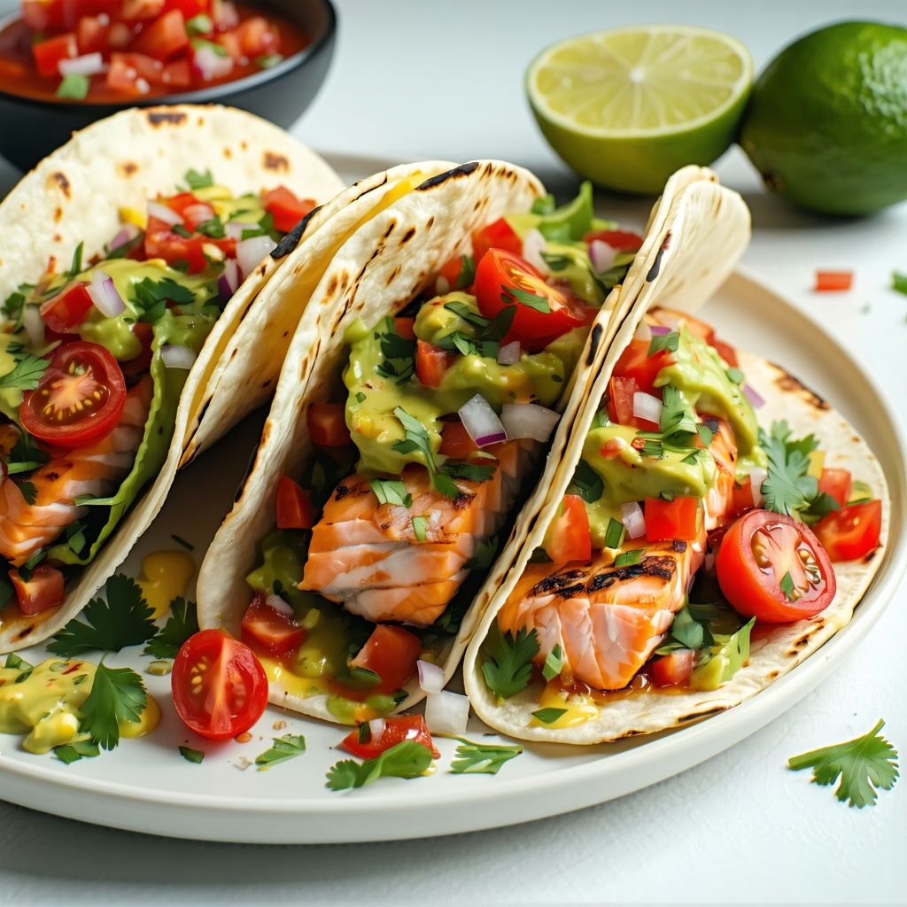 Spicy salmon tacos in warm tortillas with roasted tomato salsa.