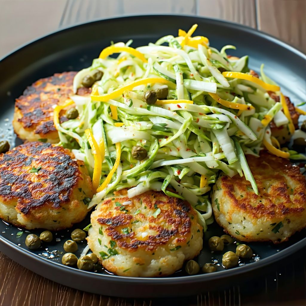 Sardine cakes served with a fennel slaw.