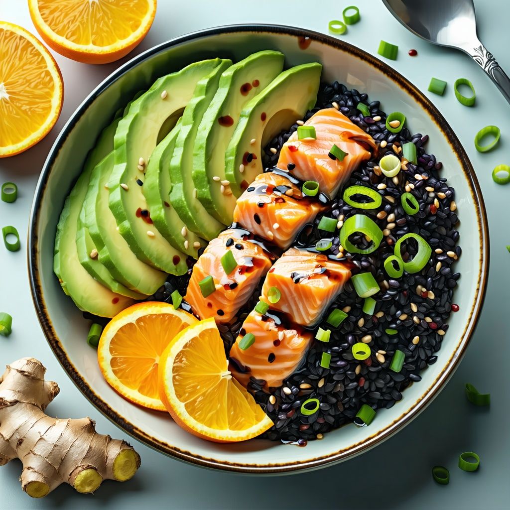Citrus salmon with black rice and orange segments in a bowl.