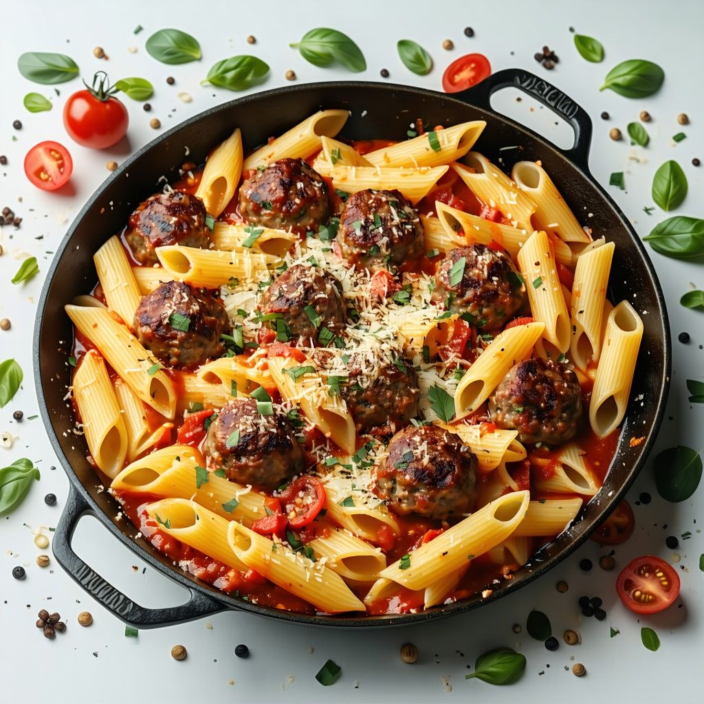 Baked penne pasta with meatballs and melted mozzarella