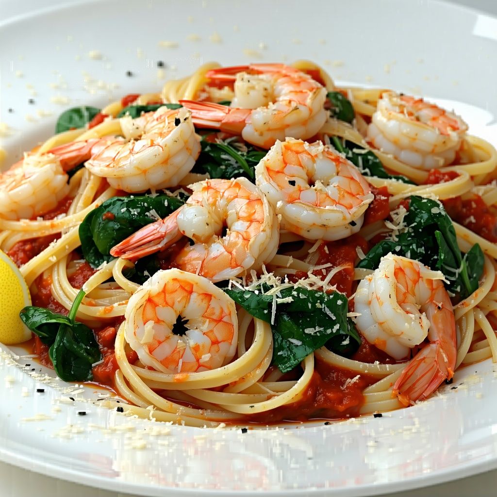 Prawn linguine with spinach in a red arrabbiata sauce.