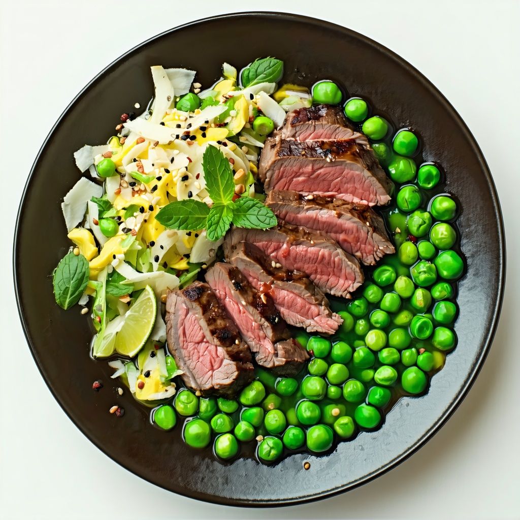 Soy-glazed lamb steak slices over a pea and coconut salad.