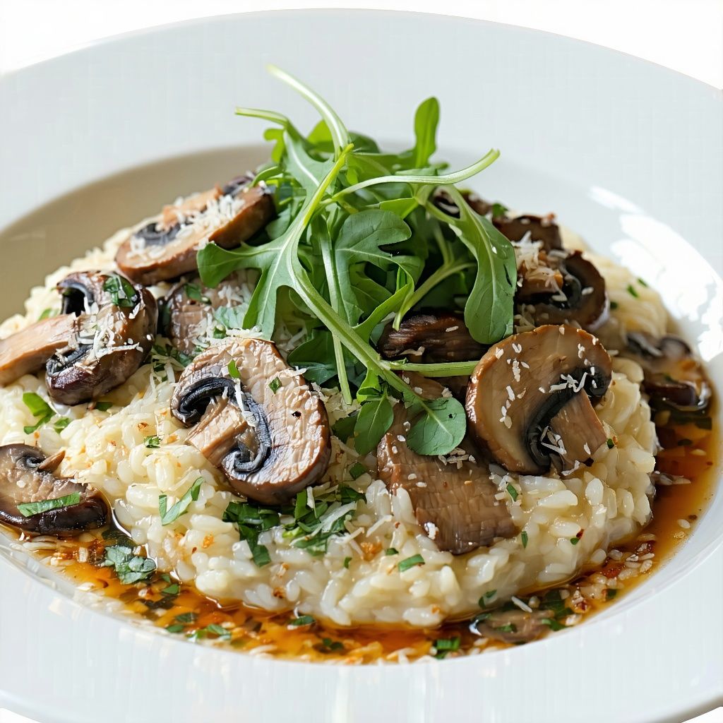 Creamy mushroom risotto topped with sliced seared steak and rocket.