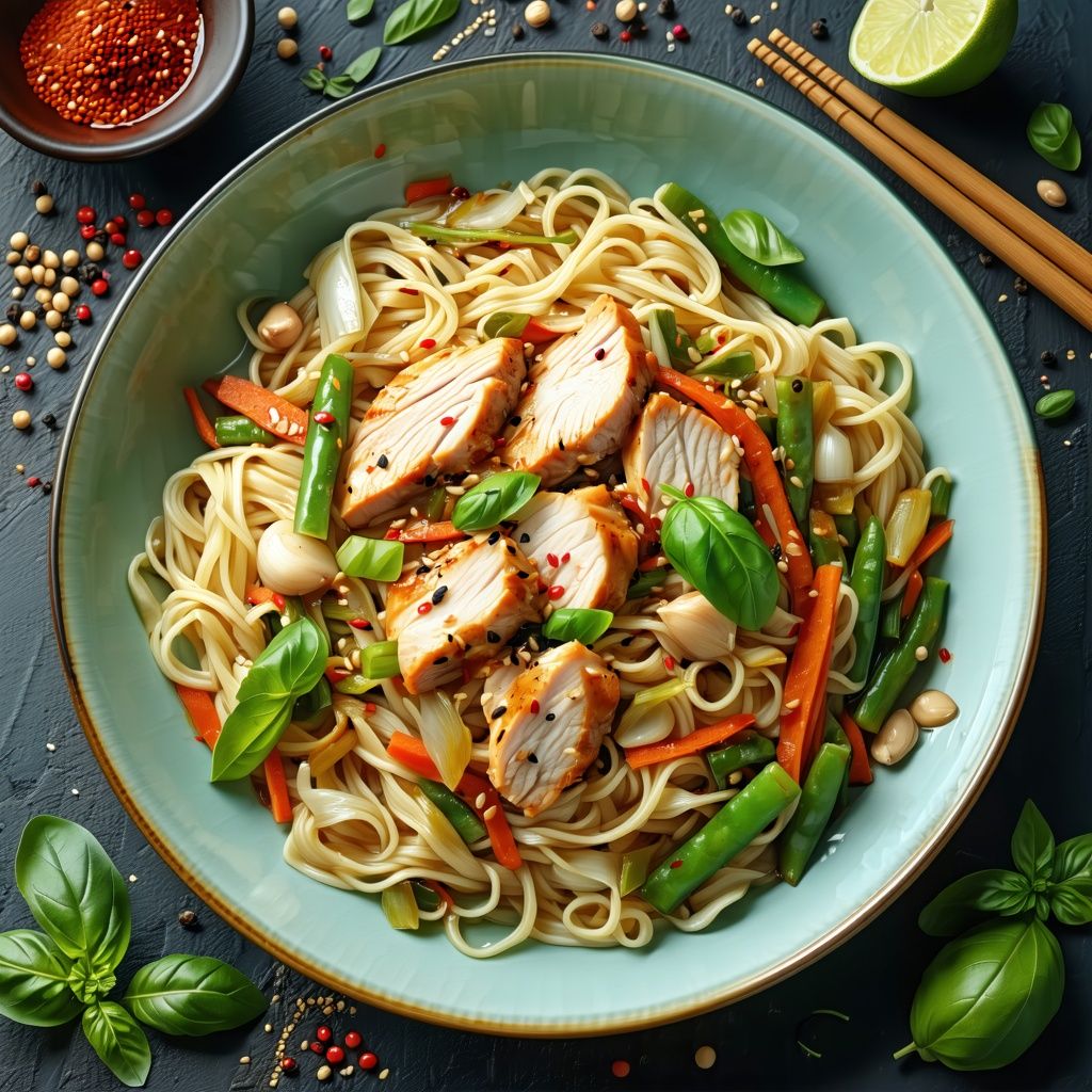 Zesty chicken stir-fry with vegetables and noodles.