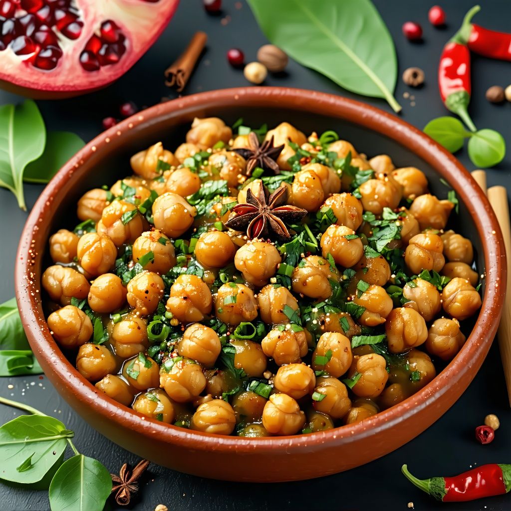 Spiced chickpeas in a tangy tea-infused sauce topped with pomegranate.