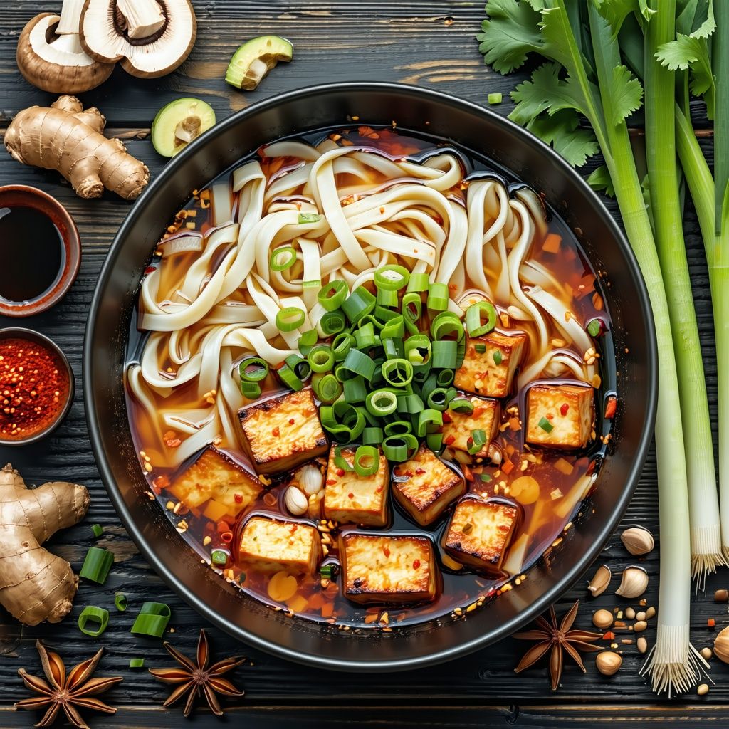 Spicy tofu noodle bowl with broth, mushrooms and crispy tofu.