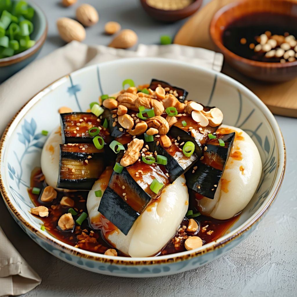 Steamed bao buns filled with teriyaki glazed aubergine and peanuts